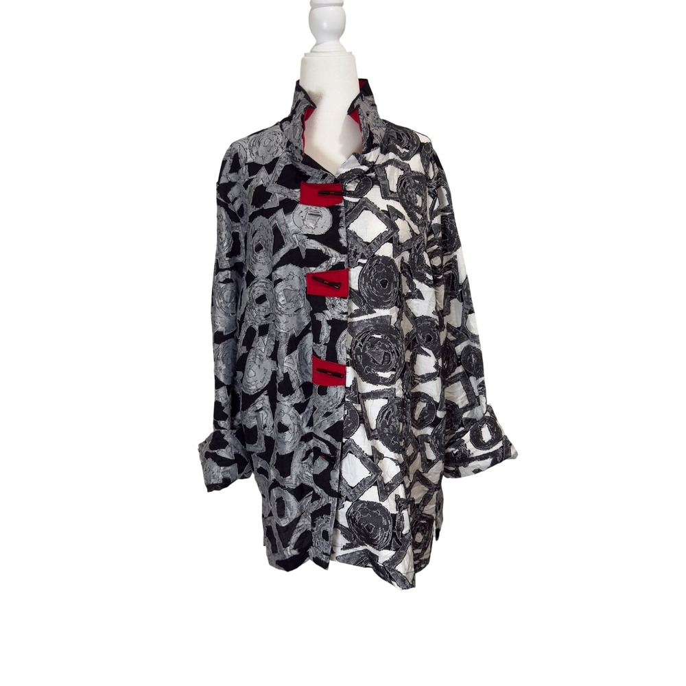 Ali Miles Womens 1X Abstract Geometric Toggle Button Jacket Black White Red